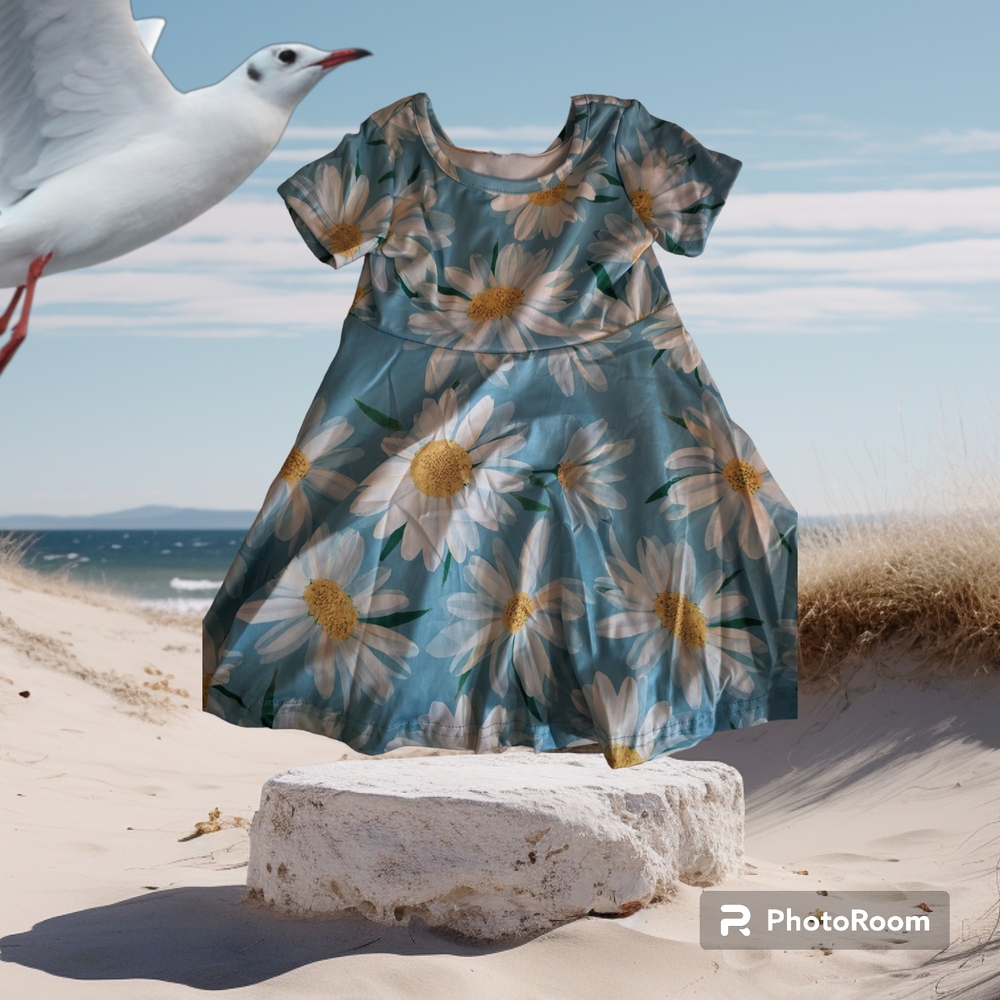 NWOT Size 2T Blue Casual Sundress with Scoop Neck, Short Sleeves, And White Dais